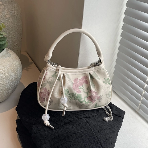 New Chinese Style Jacquard Floral Embroidery Small Square Underarm Bag With Metal Chain Strap Retro Elegant Handbag Women