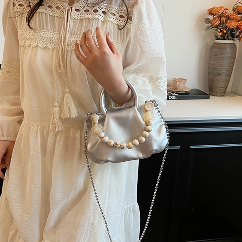 Borsa a Tracolla Plissettata Nuvola da Donna in Pelle PU Manico in Perle Catena Crossbody Mini Handbag Moda Estate