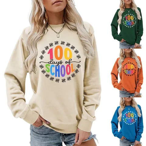 Damen Baumwolle Pullover Sweatshirt 100 Days Of School Druck Rundhalsausschnitt Langarm Lässiges Schulmotto