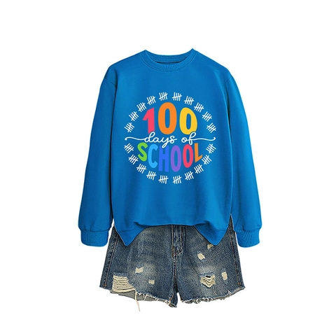 Damen Baumwolle Pullover Sweatshirt 100 Days Of School Druck Rundhalsausschnitt Langarm Lässiges Schulmotto
