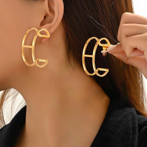 Orecchini Geometrici Cavi A Forma Di C In Acciaio Inossidabile Unisex Retro Minimalista Stile Hip Hop A Doppio Strato