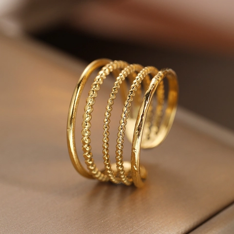 Bague Ouverte Multicouche Creuse Géométrique En Acier Inoxydable Pour Femmes Bijoux De Mode Minimaliste Ajustable