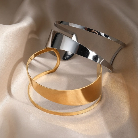 Minimalist Stainless Steel Wide Cuff Bracelet 18K Gold Silver Plated Geometric Hollow Adjustable Open Bangle For Women Modern Jewelry