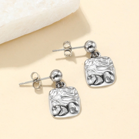 Stainless Steel Drop Earrings For Women Retro Hammered Square Pendant Ball Stud Minimalist Vintage Texture Jewelry