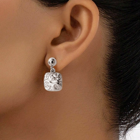 Stainless Steel Drop Earrings For Women Retro Hammered Square Pendant Ball Stud Minimalist Vintage Texture Jewelry