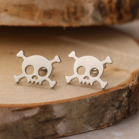 Stainless Steel Skull Crossbones Stud Earrings Punk Gothic Halloween Rock Jewelry For Men Women