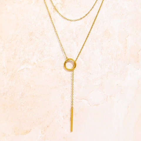 Minimalist Stainless Steel Double Layered Necklace With Circle And Bar Pendant Geometric Adjustable For Women Men