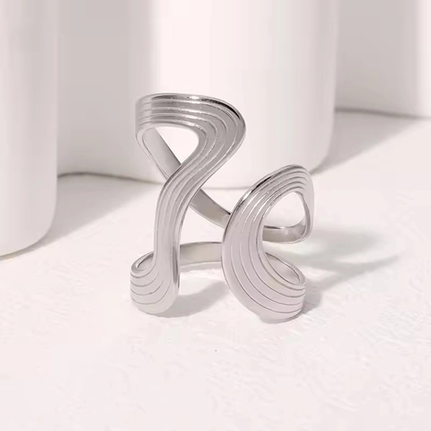 Roestvrijstalen Open Ring Voor Dames Verstelbare Onregelmatige Golftextuur Holle Geometrische Vinger Sieraden