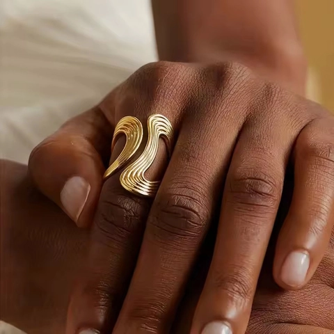 Roestvrijstalen Open Ring Voor Dames Verstelbare Onregelmatige Golftextuur Holle Geometrische Vinger Sieraden