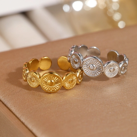 Geometric Round Sunburst Stainless Steel Rings Bohemian Vintage Adjustable Open Finger Ring For Women Men