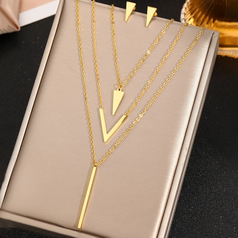 Geometric Jewelry Stainless Steel Layered Necklace With Triangle V Shape Bar Pendants And Stud Earrings Minimalist For Women
