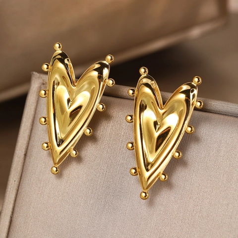Hart Oorknopjes Van Roestvrij Staal 18K Verguld 3D Hartvorm Met Kralenrand Franse Stijl Sieraden Voor Dames