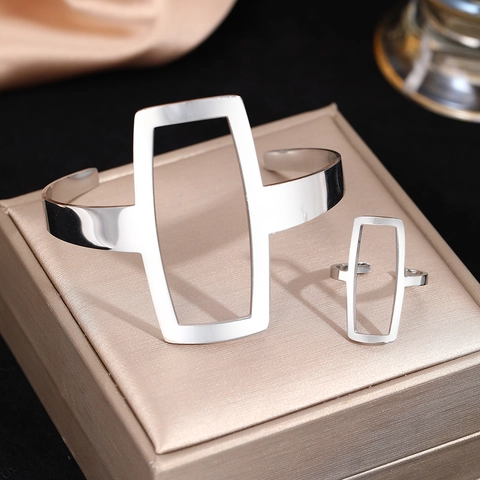 Geometrische Holle Roestvrijstalen Sieraden Armband En Open Ring Minimalistische Moderne Industriële Stijl Voor Vrouwen