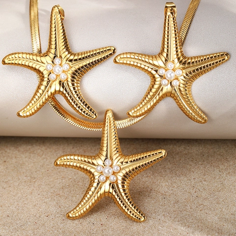 Joyas De Estrella De Mar Collar Y Pendientes De Acero Inoxidable Con Perla Artificial De Imitación Estilo Playa Para Mujeres Chapado En Oro