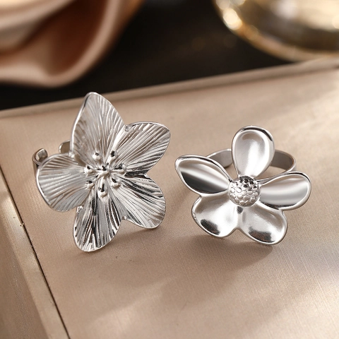 Bloem Open Ringen Roestvrij Staal Verstelbaar Getextureerd Glad Bloemblad Overdreven Vinger Sieraden Voor Dames