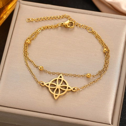 Edelstahl Doppelschichtiges Armband Für Damen Hohler Hexenknoten Blumenanhänger Verstellbare Perlenkette Modeschmuck