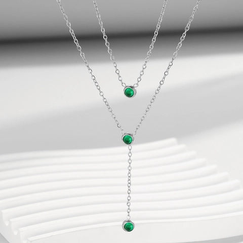Vintage Edelstahl Smaragdgrün Zirkonia Doppellagig Y-Halskette Für Damen Gold Silber Galvanisiert Elegante Mehrlagige Kette Schmuck Geschenk