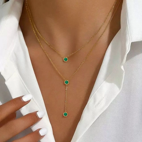 Vintage Edelstahl Smaragdgrün Zirkonia Doppellagig Y-Halskette Für Damen Gold Silber Galvanisiert Elegante Mehrlagige Kette Schmuck Geschenk