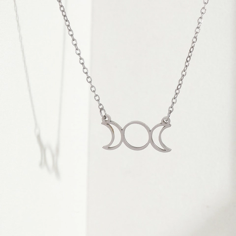 Triple Moon Goddess Pendant Necklace Stainless Steel Mystical Crescent Full Moon Jewelry For Women Gothic Style