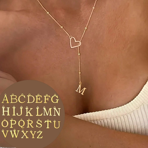 Collier En Acier Inoxydable En Forme De Y Pour Femme Pendentif Cœur Évidé Lettre Alphabet Initiale Bijoux Or Argent