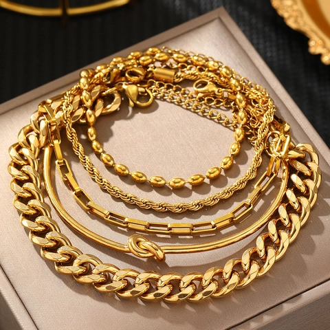 Roestvrijstalen Armband Armring Combinatie Verguld Cubaanse Paperclip Touwketting Knoop Ontwerp Meerlaagse Sieraden