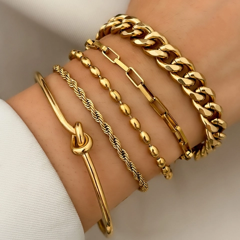 Roestvrijstalen Armband Armring Combinatie Verguld Cubaanse Paperclip Touwketting Knoop Ontwerp Meerlaagse Sieraden