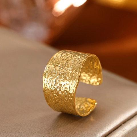Anillo Abierto De Banda Ancha Con Textura Martillada Acero Inoxidable Ajustable Geométrico Lava Relieve Joyería Para Mujeres Hombres