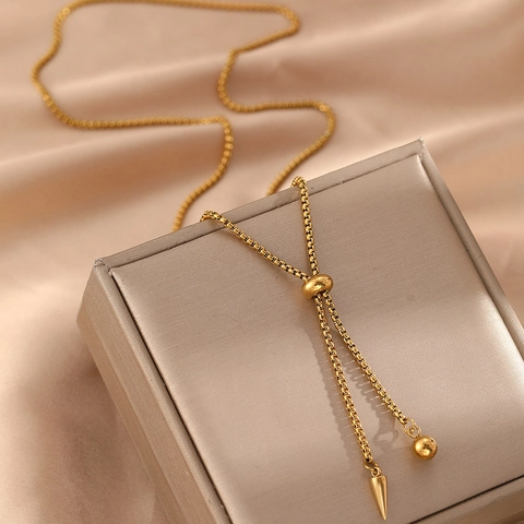 Collier En Y Réglable En Acier Inoxydable Avec Chaîne Box Pendentif Cône Et Boule Longue Chaîne De Pull Mode Hip Hop
