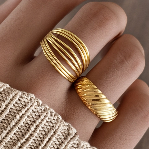 Stainless Steel Rings Adjustable Open Geometric Multi Layered Textured Lines Minimalist Punk Trendy For Women Men