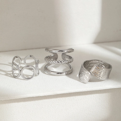 Stainless Steel Rings Adjustable Open Geometric Hammered Twisted Braided Hollow Design Minimalist Fashion For Women