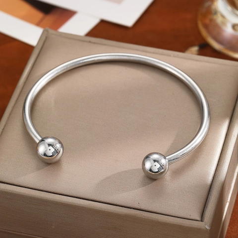 Stainless Steel Open Cuff Bracelet Minimalist Geometric Adjustable Ball End Bangle Jewelry For Men Women Silver Color
