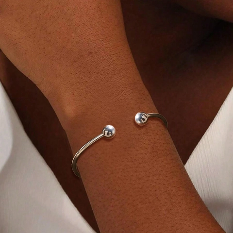 Stainless Steel Open Cuff Bracelet Minimalist Geometric Adjustable Ball End Bangle Jewelry For Men Women Silver Color