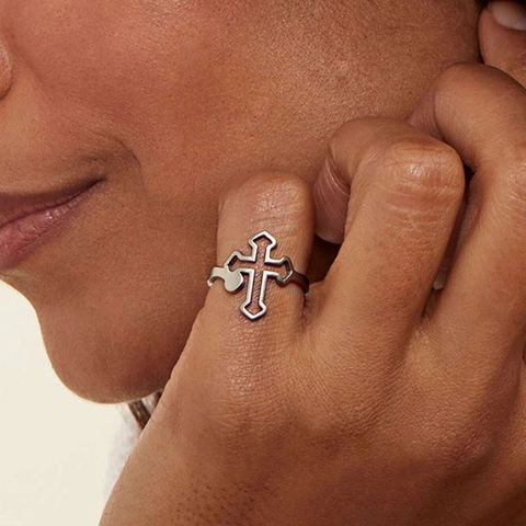 Anello Regolabile Aperto In Acciaio Inossidabile Con Croce Traforata Gioielli Di Moda Religiosi Minimalisti Per Donne Uomini