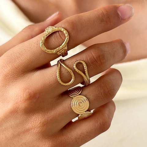 Anillos Abiertos De Acero Inoxidable Geométrico Irregular Textura Martillada Espiral Vintage Boho Moda Para Mujeres