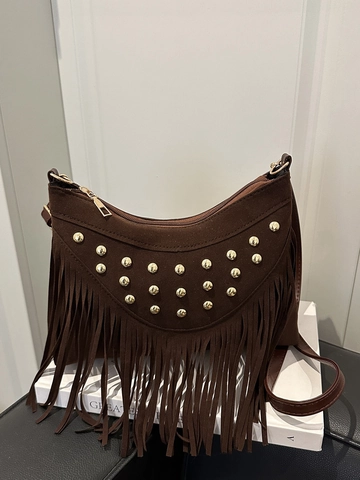 Damen Nieten Quasten Schultertasche Bohemian PU Leder Umhängetasche Goldene Nieten Lange Quasten Hobo Bag Für Alltag