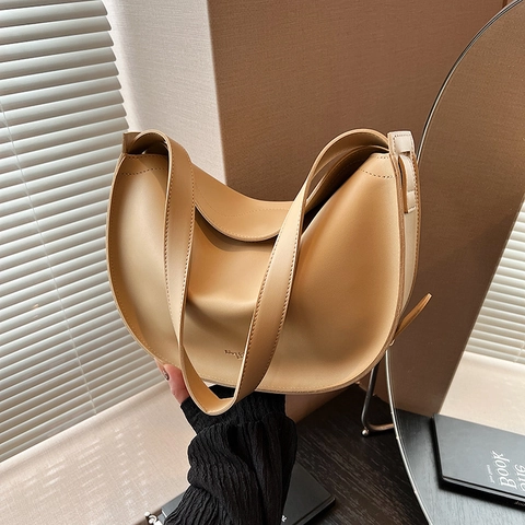 Bolso de Axila de Cuero PU de Media Luna de Moda para Mujer Gran Capacidad Color Sólido Bolso de Hombro Minimalista Uso Diario