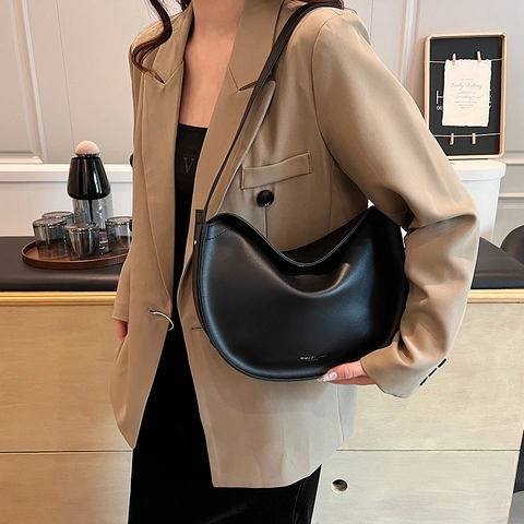 Bolso de Axila de Cuero PU de Media Luna de Moda para Mujer Gran Capacidad Color Sólido Bolso de Hombro Minimalista Uso Diario