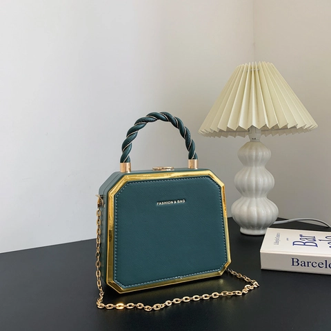 Geometrische Boxtasche Für Damen PU Leder Sechskant Handtasche Mit Gold Metallrahmen Spiralgriff Kette Umhängetasche Abendtasche