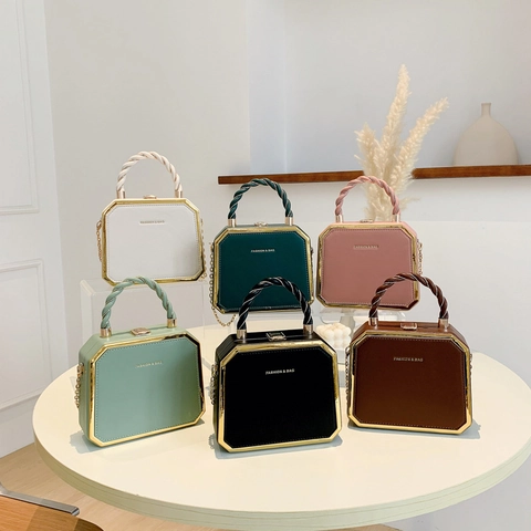 Geometrische Boxtasche Für Damen PU Leder Sechskant Handtasche Mit Gold Metallrahmen Spiralgriff Kette Umhängetasche Abendtasche