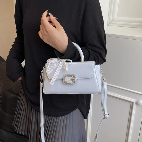 Women Fashion PU Leather Handbag With Pearl Lace Bow Decoration Rhinestone G Buckle Elegant Crossbody Small Square Bag