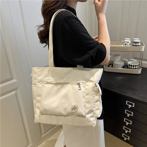 Women's Large Capacity Canvas PU Leather Tote Bag Fashion Student School Laptop Shoulder Bag With Patch Simple Casual Handbag