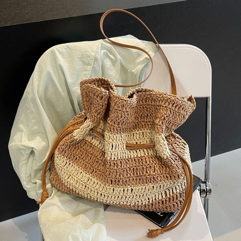 Damen Französische Streifen Stroh Gewebte Eimertasche Große Kapazität Strand Urlaub Tote Einzelschulter Kordelzug Tasche