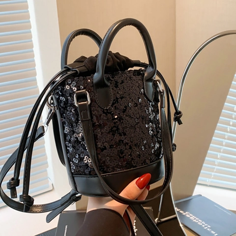 Damen Pailletten Beuteltasche Glitzernde Mini Handtasche PU Leder Umhängetasche Kordelzug Vielseitige Modische Accessoires