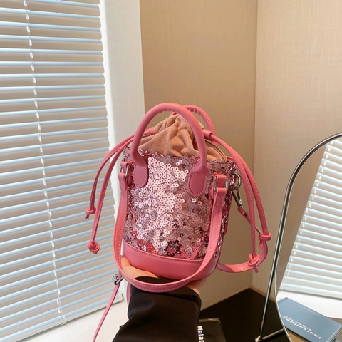 Damen Pailletten Beuteltasche Glitzernde Mini Handtasche PU Leder Umhängetasche Kordelzug Vielseitige Modische Accessoires