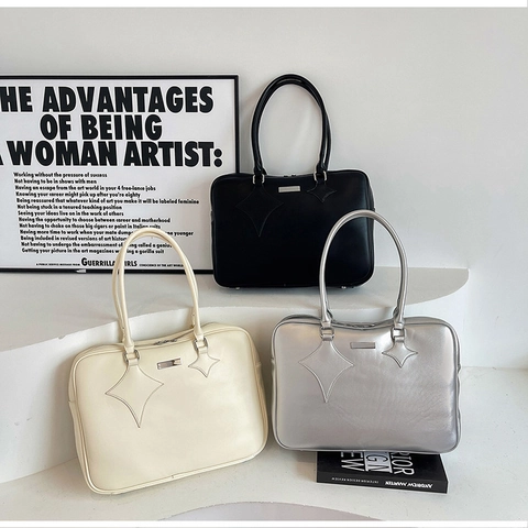 Damen Minimalistische PU Leder Schultertasche Mit Sternnähten Und Metall Dekoration Mode Pendler Große Kapazität Alltagstasche