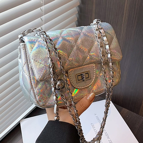 Quilted Chain Crossbody Bag Metallic Holographic Glossy PU Leather Small Square Shoulder Bag With Metal Turn Lock