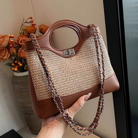 Borsa A Mano Patchwork In Paglia Intrecciata E Pelle PU Da Donna Manico Circolare Catena Metallica Borsa A Spalla Retro Estate Vacanze Tracolla