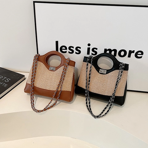 Borsa A Mano Patchwork In Paglia Intrecciata E Pelle PU Da Donna Manico Circolare Catena Metallica Borsa A Spalla Retro Estate Vacanze Tracolla