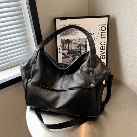 Damen Große Kapazität PU Leder Einkaufstasche Lychee Muster Schulter Umhängetasche Mit Metallnieten Pendler Büro Handtasche