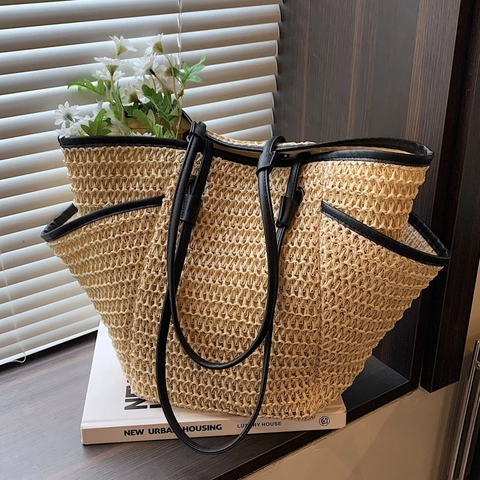 Bolso Tote de Tejido de Paja de Gran Capacidad para Mujer Verano Playa Vacaciones Con Correas de Cuero PU Patchwork de Color